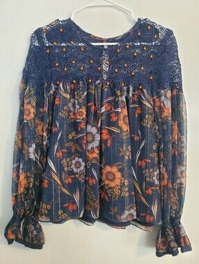 Anthropologie Floral Navy Lace Blouse